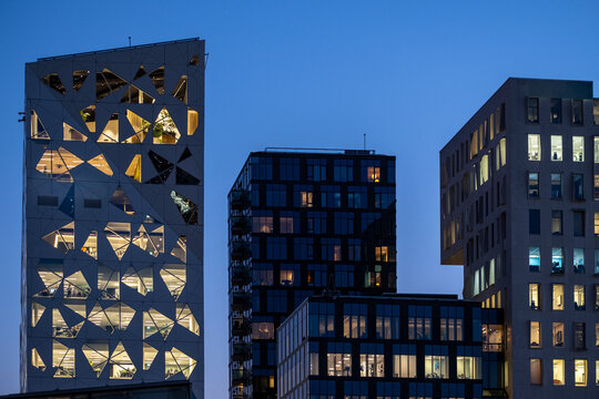 Contemporary architecture in Barcode, Oslo, with structured facade and minimal geometry design representing city modernism and Nordic architectural identity