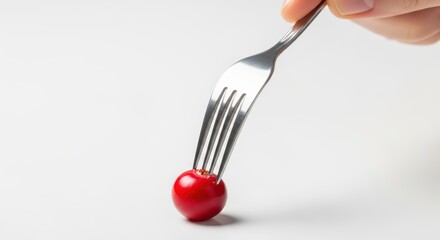 Minimalistic close-up of fork holding a single red berry in studio setting