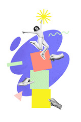 Composite trend artwork sketch photo collage of gesture wrist hand hold cube colorful fragment silhouette young lady high jump sun