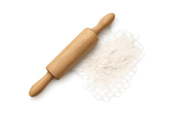 Wooden rolling pin with flour, baking concept
