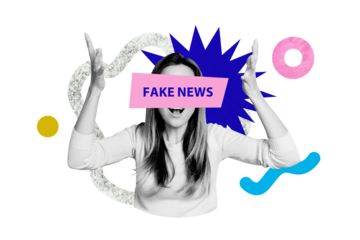 Composite photo collage of angry girl fake news disinformation problem fake lie propaganda spread spam isolated on painted background