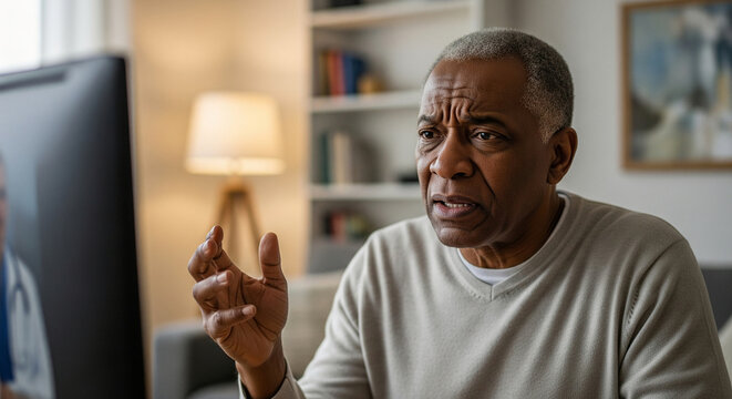 Concerned elderly African American man gesturing while explaining his symptoms to a physician during a virtual medical checkup