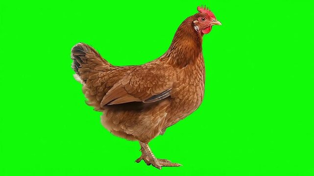 Brown Hen Chicken Foraging and Pecking on Green Screen for Chroma Key Farm Animal Compositing