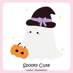 Cute Winter Ghost, Spooky Cartoon Character Ghost, Cozy Halloween Illustration Vector