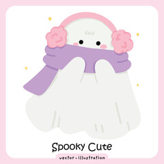 Cute Winter Ghost, Spooky Cartoon Character Ghost, Cozy Halloween Illustration Vector