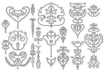A versatile set of various decorative elements in an ethnic, hand-drawn style. Includes floral, heart, and abstract shapes for creating unique patterns, logos, and bohemian-style designs.