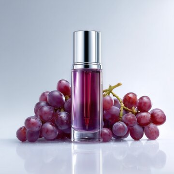 transparent glass serum bottle with metallic silver cap filled with grape extract essence, placed beside fresh purple grapes with soft reflections. White minimalist background