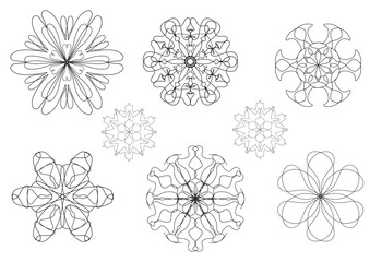 Collection of intricate flower and snowflake mandalas in a stipple/dotwork style. Perfect for spiritual designs, tattoos, winter patterns, and adult coloring book pages.