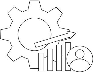 A gear with bars a forward arrow and a person icon make up the image