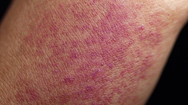 Close up of human skin with rash and reddish discoloration medical concept