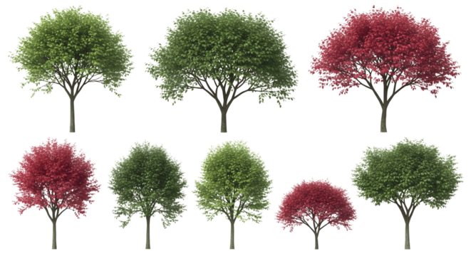 Realistic Collection of Green and Red Trees with Transparent Background for Landscape Design Nature Illustration and Eco Projects