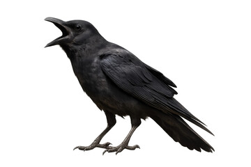 Fototapeta premium Black crow calling or squawking, wild bird with open beak isolated on transparent background