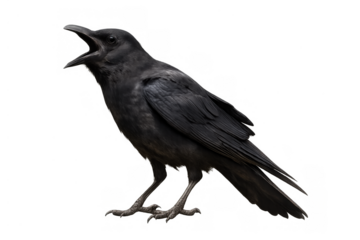Black crow calling or squawking, wild bird with open beak isolated on transparent background