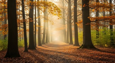 Sunlight filters through the trees in a beautiful autumn forest scene