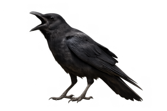 Black crow calling or squawking, wild bird with open beak isolated on transparent background