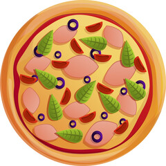 Cartoon Style Whole Pizza With Ham Olives Tomato Slices And Green Basil Leaves Isolated On Transparent Background