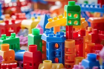 Naklejka premium Close up of colorful plastic building blocks forming various structures, stimulating creativity and imagination