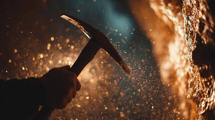 A miner's arm in silhouette holds a pickaxe against a backdrop of dust and light, highlighting the grit and determination of hard labor.