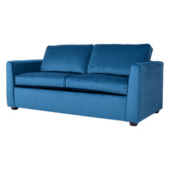 Obraz premium Stylish blue velvet sofa with soft textured upholstery and sleek modern design. Comfortable three-seater couch ideal for living rooms and contemporary interiors