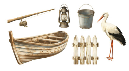 Pastel Fishing Isolated Clipart Set – White Stork, Vintage Wooden Boat, Fence,  Oil lamp, Fishing Rod, Bucket and Bucket. Perfect for outdoor-themed logos, posters, invitations, scrapbooking © slaviuk