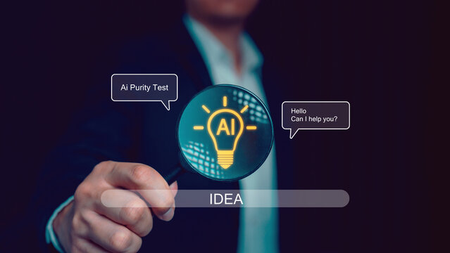 Businessman holding magnifying glass showing glowing AI light bulb icon with chat bubbles, representing artificial intelligence, innovation, virtual assistant, and smart technology concept.