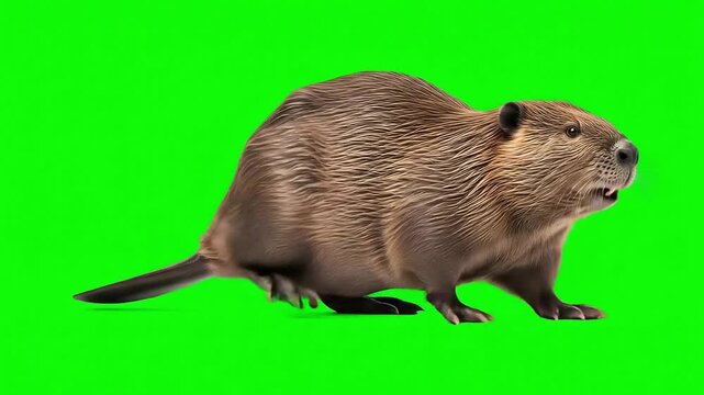 A 3D animated brown beaver walking across a bright green screen, perfect for compositing in various video projects.