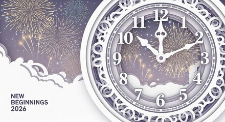 Obraz premium Countdown to New Beginnings 2026 with dazzling fireworks and a classic clock face