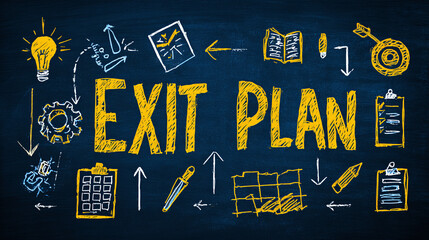 Exit Plan Chalkboard: A vibrant chalkboard illustration displaying an exit plan, brimming with brainstorming icons and arrows.