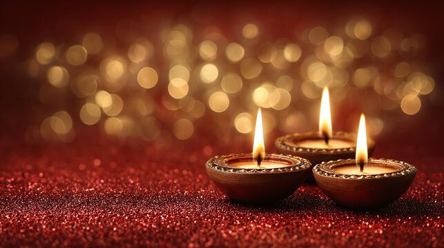 Warm candlelight flickers in small, ornate holders, set against a dazzling backdrop of ruby glitter and soft, golden bokeh lights. Festivity.