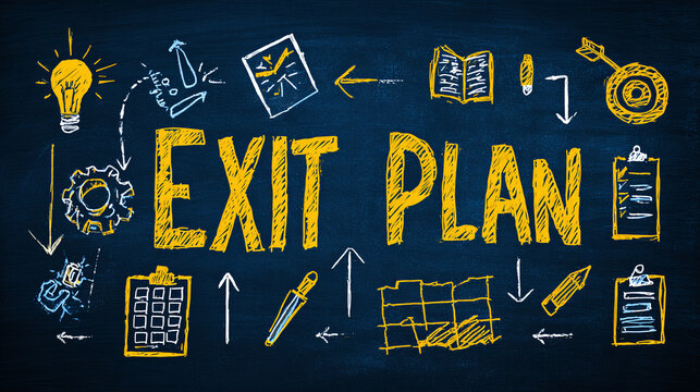 Exit Plan Chalkboard: A vibrant chalkboard illustration displaying an exit plan, brimming with brainstorming icons and arrows.