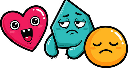 Cute Cartoon Emoji Characters: Happy Heart, Sad Blue Shape, and Disappointed Orange Face Set