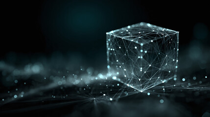 A glowing, wireframe cube hovers amidst a sea of light, representing interconnected systems and futuristic technology with its complex network.