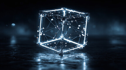 A glowing cube structure, a futuristic design with bright lines, standing out in the dark, its a minimalist and high tech representation.