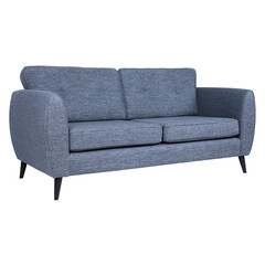 Modern blue upholstered sofa with sleek lines, textured fabric, and slim black legs. A minimalist design combining comfort, style, and cool tones for contemporary living spaces