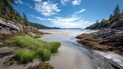 A serene coastal scene with tranquil water, rocky shores, vibrant green grass, and a clear blue sky speckled with fluffy white clouds.