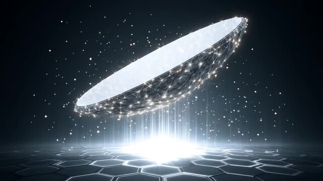 Abstract cgi animation futuristic disk shape hovering above a geometric surface