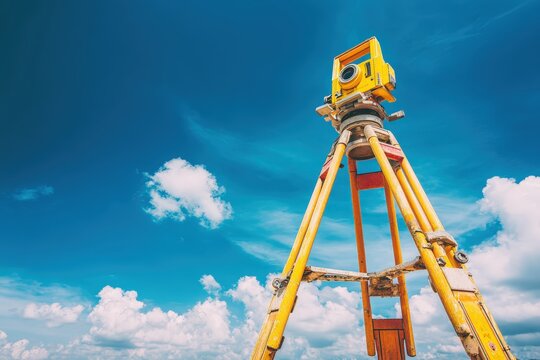 Yellow total station surveying instrument on tripod against blue sky