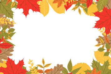 Autumn foliage frame. Fall leaf border. Thanksgiving greeting card. Oak, maple, chestnut, rowan, birch, aspen, acorn, colorful foliage, seasonal leaves.