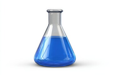 Glass Erlenmeyer flask filled with blue liquid isolated on white background