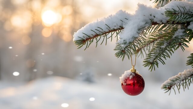 Sparkling red Christmas ornament dangles from a snow covered pine branch with warm golden sunlight filtering through the winter forest creating a magical holiday atmosphere - Powered by Adobe