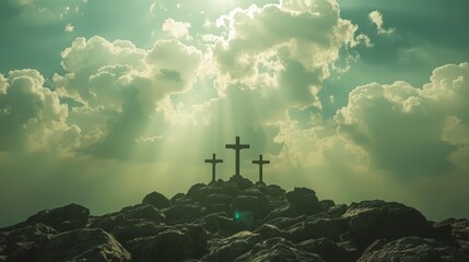 A distant view of Golgotha at sunset, featuring the silhouette of a cross symbolizing the crucifixion. The dramatic landscape, warm tones, and spiritual atmosphere 