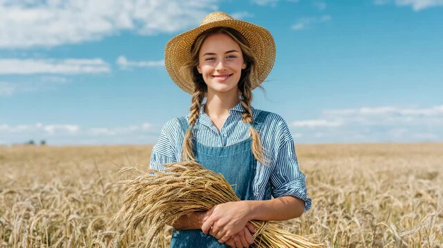 Young woman farmer holding wheat bundle in sunny field under blue sky symbolizing harvest and countryside life
