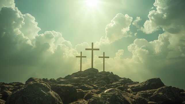 A distant view of Golgotha at sunset, featuring the silhouette of a cross symbolizing the crucifixion. The dramatic landscape, warm tones, and spiritual atmosphere 