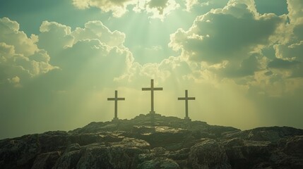A distant view of Golgotha at sunset, featuring the silhouette of a cross symbolizing the crucifixion. The dramatic landscape, warm tones, and spiritual atmosphere 