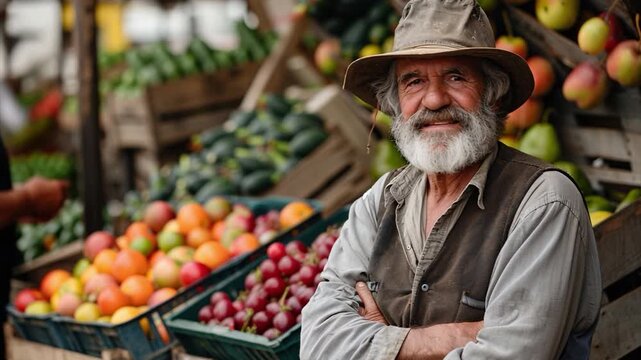 An older man stands proudly among vibrant fruits and vegetables at a local market. It is a sunny afternoon, and shoppers browse the fresh offerings in a lively atmosphere