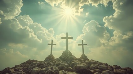 A distant view of Golgotha at sunset, featuring the silhouette of a cross symbolizing the crucifixion. The dramatic landscape, warm tones, and spiritual atmosphere 