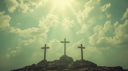 A distant view of Golgotha at sunset, featuring the silhouette of a cross symbolizing the crucifixion. The dramatic landscape, warm tones, and spiritual atmosphere 