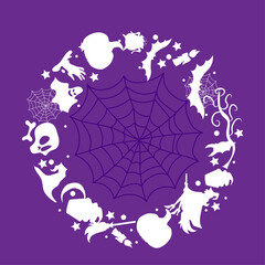 Background Halloween with Fancy Elements. Wreath decorations paper cut with Bat, Spider Web, Cupcake, Ghost, Potion, Witch.  Website Spooky, Background or Banner. Vector