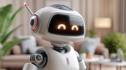 3D humanoid AI robot assistant in cozy home interior, smart home technology concept.