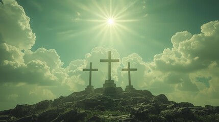 A distant view of Golgotha at sunset, featuring the silhouette of a cross symbolizing the crucifixion. The dramatic landscape, warm tones, and spiritual atmosphere 